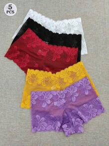 5pcs Sexy Solid Color Panties, Solid Color Lace Floral Pattern Lingerie, Women Underwear Set