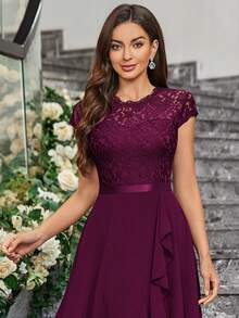 MIUSOL Contrast Floral Lace Chiffon Ruffle Hem Formal Party Dress Elegant Bridesmaid Dress - Maroon - View 8