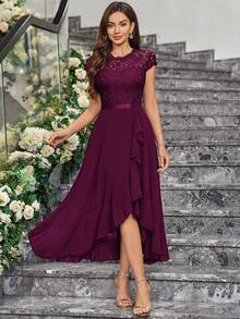 MIUSOL Contrast Floral Lace Chiffon Ruffle Hem Formal Party Dress Elegant Bridesmaid Dress - Maroon - View 4