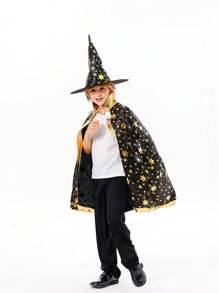 2pcs Vibrant Stars Pattern Magic College Style Cloak & Classic Pointed Witch Hats, Perfect Costumes Accessories For Themed Parties - School Party Gift For Boy And Girl, Ideal For Halloween Celebrations - Multicolor - View 6