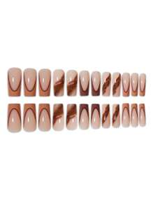 Nâng cấp vẻ ngoài của bạn với bộ 24 móng tay giả sọc nâu kiểu Pháp thời trang dành cho phụ nữ và trẻ em gái, dụng cụ làm móng - Nhiều màu - Xem 2