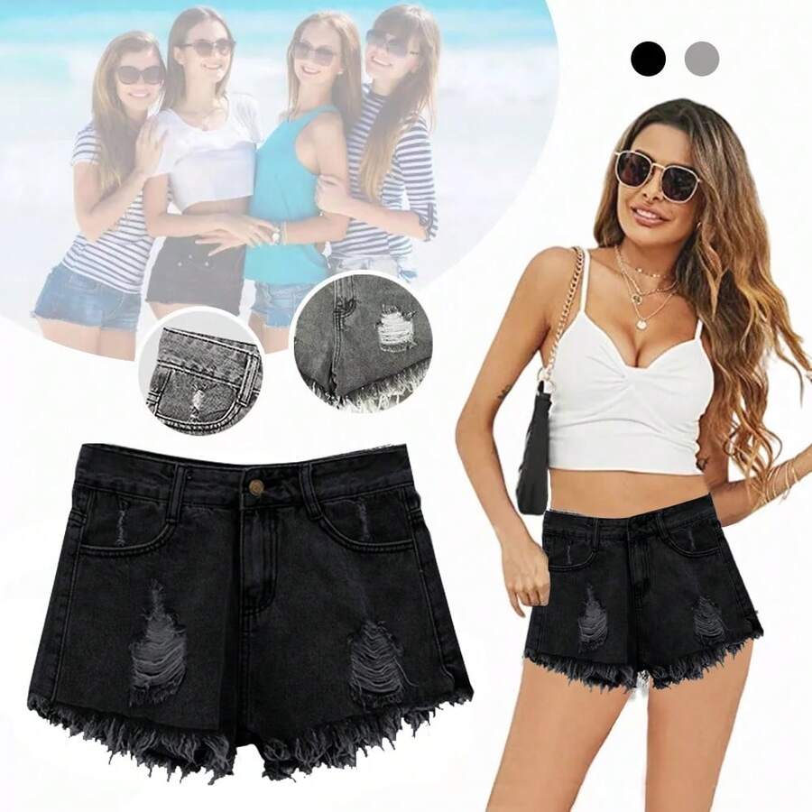 Women's Ripped Shorts Summer Fashion Loose Plus Size Slimming Ripped Outerwear A-Line Shorts - 黑色 - 查看 1
