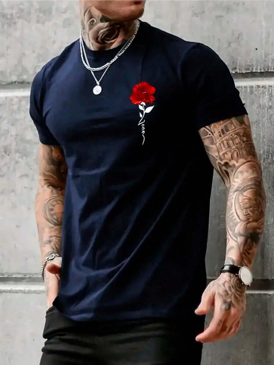 Men's Short Sleeve T-Shirt With Red Roses Pattern Print, Ideal For Daily Wear And Summer Resorts. - 藏蓝色 - 查看 1
