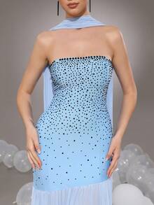 Váy maxi đuôi cá xếp nếp lưới sequin xanh nhạt không dây gợi cảm cho nữ 2025, váy dạ hội trang trọng cho nữ - Màu xanh nhạt - Xem 8