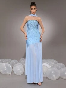 Váy maxi đuôi cá xếp nếp lưới sequin xanh nhạt không dây gợi cảm cho nữ 2025, váy dạ hội trang trọng cho nữ - Màu xanh nhạt - Xem 1