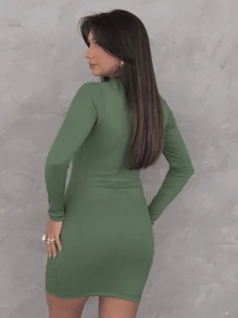 Vestido Feminino Tubinho Curto Básico Manga Longa Canelado - Verde - Visão 2