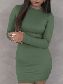 Vestido Feminino Tubinho Curto Básico Manga Longa Canelado - Verde - Visão 4
