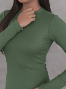 Vestido Feminino Tubinho Curto Básico Manga Longa Canelado - Verde - Visão 5