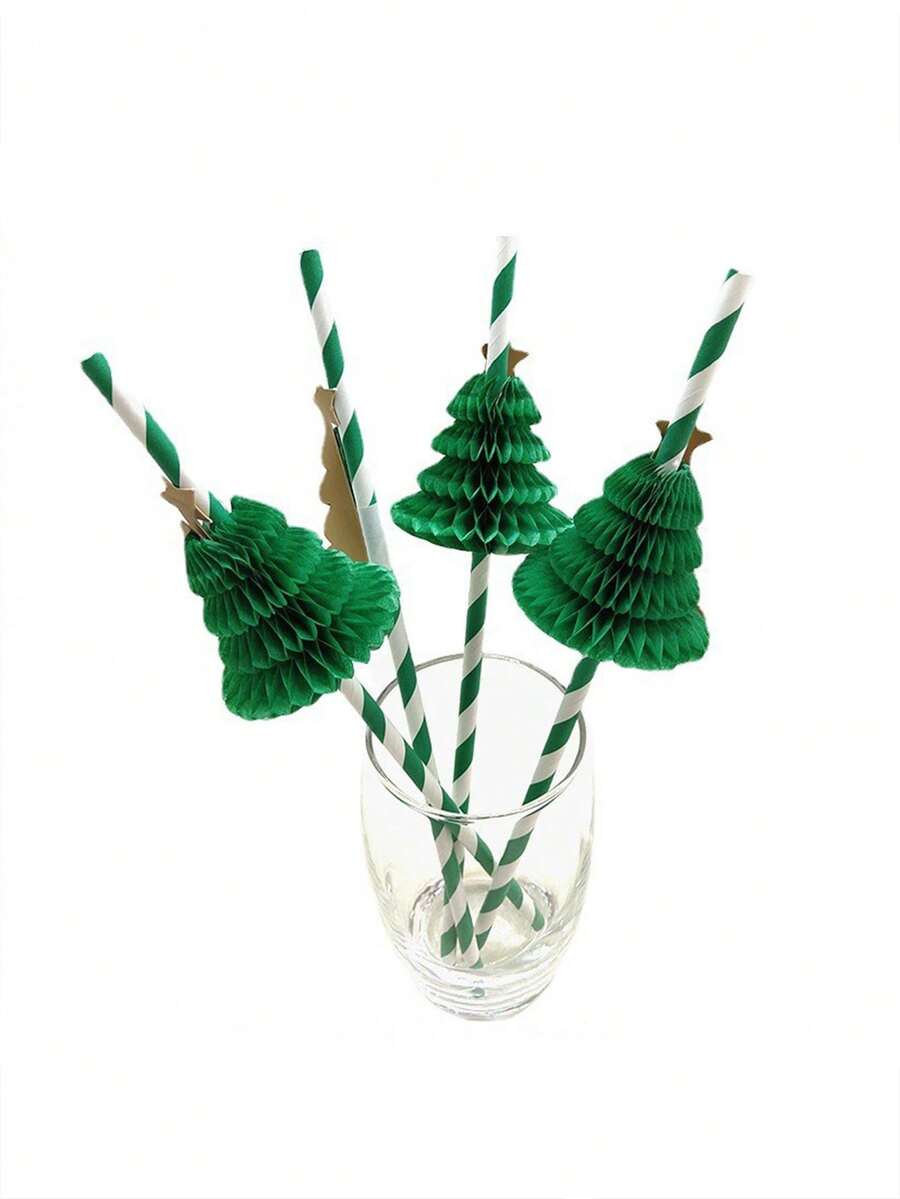 6/12 piezas Pajitas decorativas navideñas, pajitas de papel de panal con diseño de árbol de Navidad y estrella dorada, para fiestas y celebraciones festivas