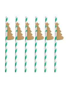 6/12 piezas Pajitas decorativas navideñas, pajitas de papel de panal con diseño de árbol de Navidad y estrella dorada, para fiestas y celebraciones festivas