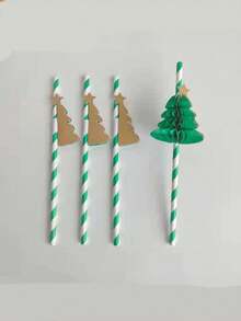6/12 piezas Pajitas decorativas navideñas, pajitas de papel de panal con diseño de árbol de Navidad y estrella dorada, para fiestas y celebraciones festivas