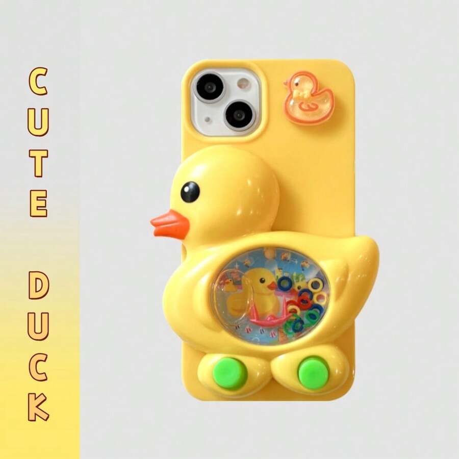 苹果 3D 卡通时髦液体流沙黄鸭游戏机，随机游戏按钮颜色，随机鸭子游戏图案，缓解压力的工作工具，怀旧小玩具，适合男女的创意手机壳，兼容 iPhone 16/15/15 Pro/15 Pro Max/14/13/12/11/Xs Max 系列手机保护套