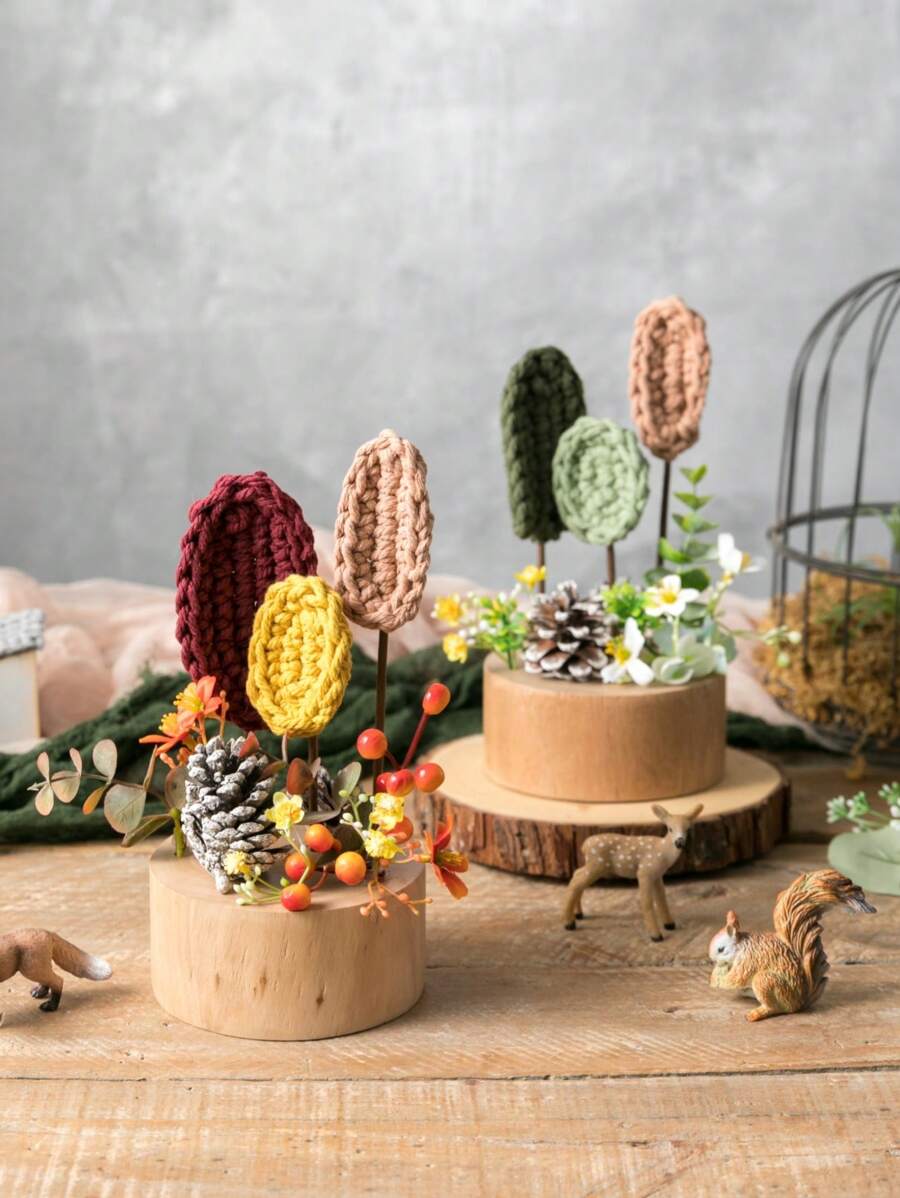 1Pc Handmade Crochet Lá Hoa Giả Sắp Xếp Bằng Gỗ, Chậu Cây Giả, Quả Thông, Hoa Giả, Cây Giả, Phong Cách Nhật Bản Cổ Điển Trang Trí Nhà Rustic, Trang Trí Mùa Thu, Nhà Nông Trại, Phòng Gia Đình, Ký Túc Xá Trường Học, Văn Phòng, Trung Tâm Bàn, Trang Trí Bàn, Trang Trí Sân Vườn