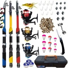 Kit completo de Pesca com 3 Varas + 3 Molinetes Ultra Light + Acessórios como maleta, boias, canivete, ração, sino, anzol, chumbada, isca camarão e linha