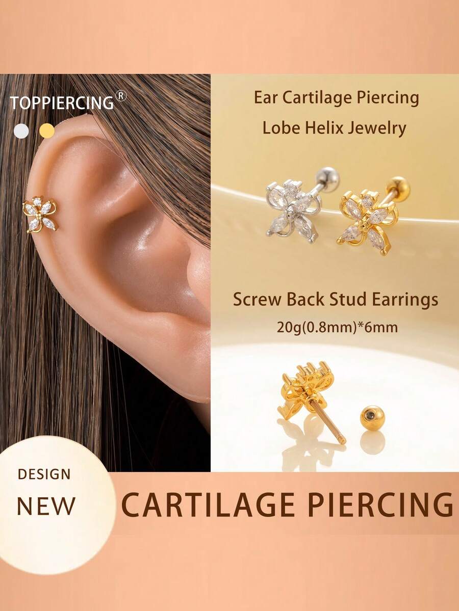 Toppiercing 1 件简约奢华铜锆石花朵不锈钢耳钉 - ear stud - 查看 1