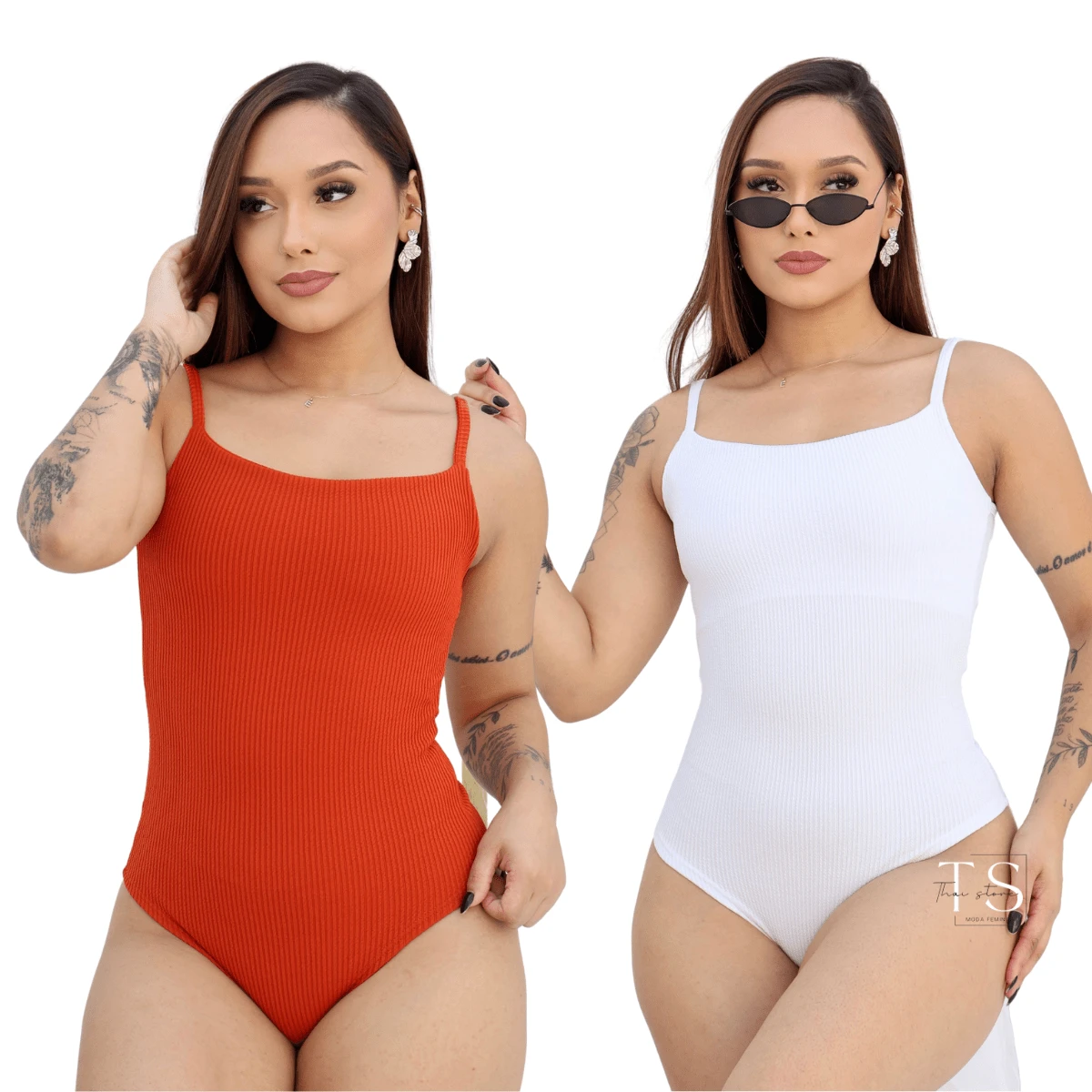 KIT 2 Women's Bodysuit With Thin Straps Premium Ribbed Terrycloth Straps - WHITE aND TERRACOTTA - View 1