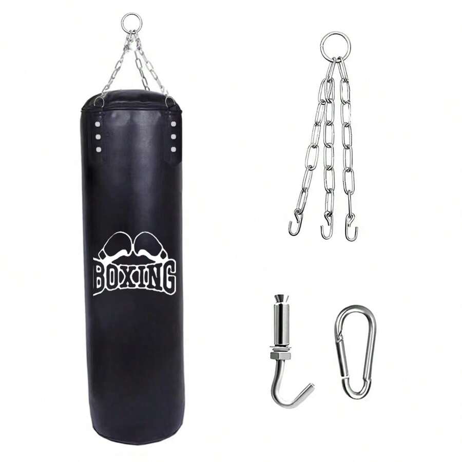1 juego de bolsa de boxeo de material de PU sin rellenar con gancho y cadena colgante, para adolescentes y adultos de artes marciales y entrenamiento físico - Negro - Ver 1