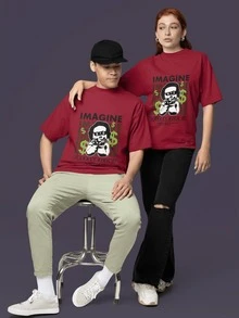 Unisex Craze Rich Money Imagine Cotton T-Shirt Unisex Streetwear New Release - 紫紅色 - 查看 1