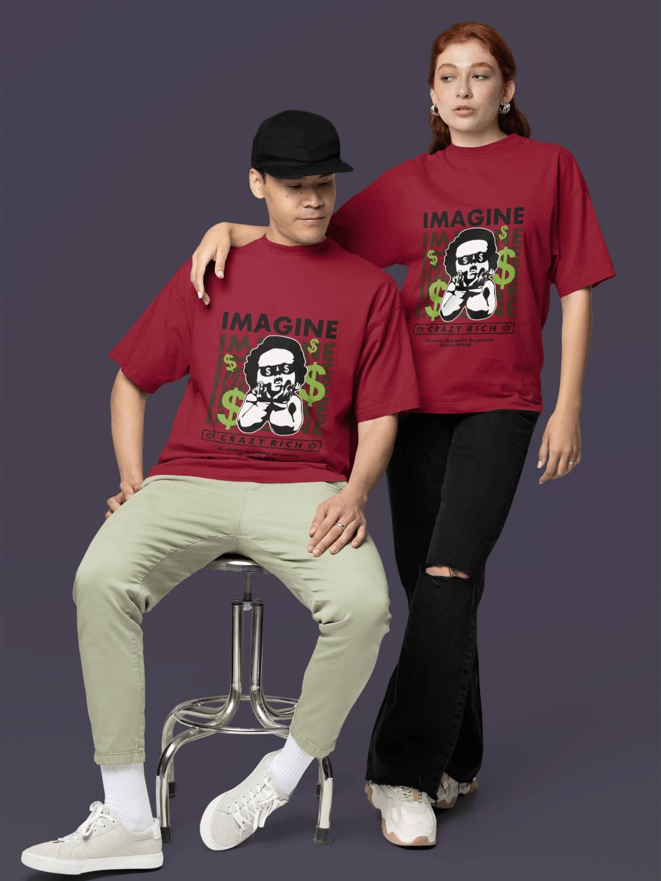 Unisex Craze Rich Money Imagine Cotton T-Shirt Unisex Streetwear New Release - 紫紅色 - 查看 1