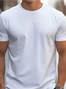Men's Plain T-Shirt Premium Combed Knit 100% Cotton Round Neck Short Sleeve Basic Summer - 白色 - 查看 2