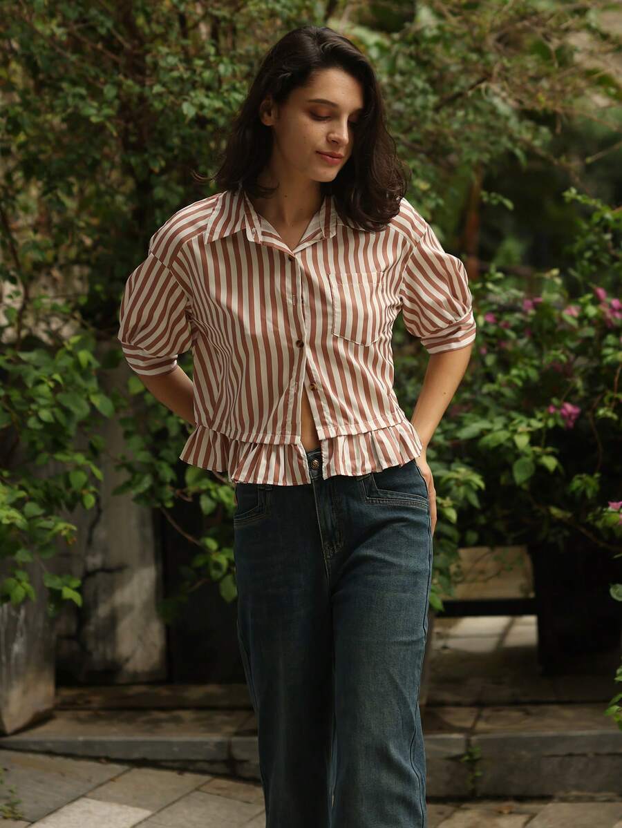 女士荷叶边条纹长袖衬衫