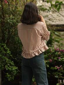 女士荷叶边条纹长袖衬衫