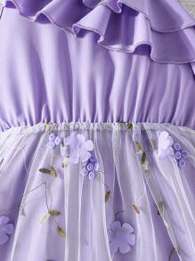 1 件装年轻女孩纯色荷叶边刺绣网眼吊带背心裙，夏季 - 紫色 - 查看 5