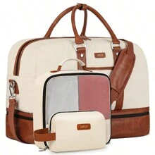 3 件装女士周末旅行包，大号旅行袋帆布旅行行李袋手提包带鞋隔层 21 英寸，男女皆宜，旅行包，行李箱，健身包，行李袋，周末行李袋，手提包，大学包，行李袋 - 米色 - 查看 1