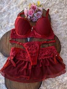 Lingerie With Bra Panties And Mini Skirt Thong And Skirt Sensual Lingerie Set With Madonna Cup - 紅色 - 查看 1