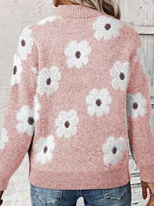 Boho Retro 60's Vintage Half Zip Collar Drop Shoulder Fuzzy Cozy Floral Pink Grey  Shirt Top  Sweatshirt Pullover - Hồng - Xem 3