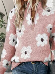Boho Retro 60's Vintage Half Zip Collar Drop Shoulder Fuzzy Cozy Floral Pink Grey  Shirt Top  Sweatshirt Pullover - Hồng - Xem 1