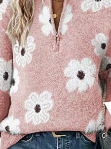 Boho Retro 60's Vintage Half Zip Collar Drop Shoulder Fuzzy Cozy Floral Pink Grey  Shirt Top  Sweatshirt Pullover - Hồng - Xem 4