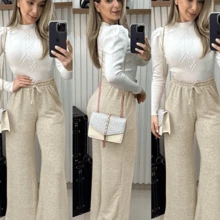 Women's High Waisted Wool Wide Leg Pants With Pockets In Winter - 杏色 - 查看 1