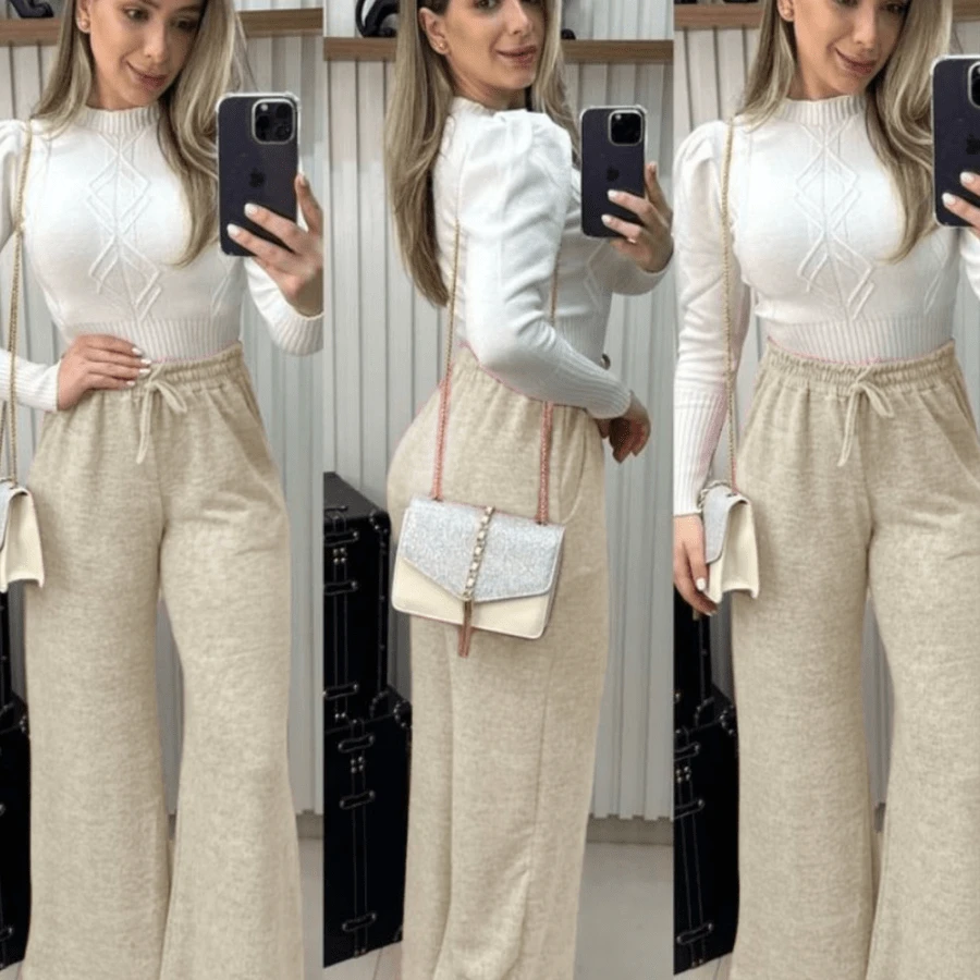 Women's High Waisted Wool Wide Leg Pants With Pockets In Winter - 杏色 - 查看 1