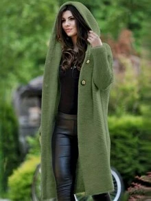Solid Hooded Button Front Cardigan, Casual Long Sleeve Cardigan For Fall & Winter, Women's Clothing - Green - View 3