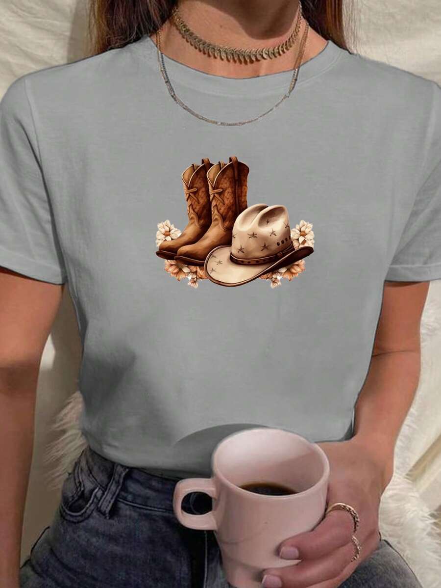 Baby Look T-Shirt T Shirt Boot And Hat Horse Agronomy Woman Of Agriculture Printed Various Colors 100% Cotton - 灰色 - 查看 1