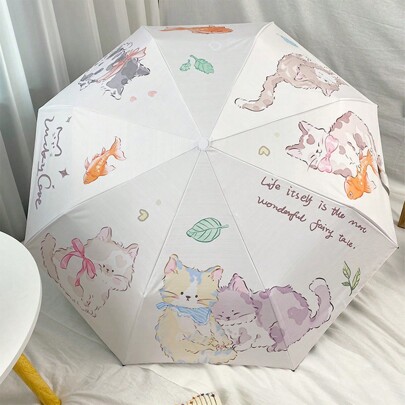 1pc Adorable Goldfish & Kitty Printed Automatic Folding Umbrella, Rainproof & UV Protection Summer Cooling,Beach,Travel