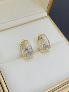 Women's Hoop Drop Earrings Studded Inside And Outside With Zirconia Stone, 18k Gold Plated And 925 Silver - Gold - View 7
