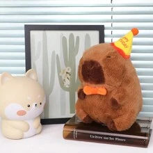 1 件 Ditucu 可爱水豚毛绒玩具，带生日快乐帽蝴蝶结，可爱水豚填充动物玩具，适合儿童生日礼物派对装饰，棕色 9 英寸 - 駝色 - 查看 4