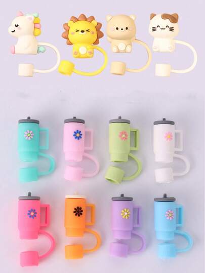 4pcs/5pcs/10pcs,Straw Tips Cover,Silicone Straw Cover,Cute Cartoon Silicone Straw Plugs, Straw Topper, Reusable Dust Seal Straw Cover(Straw Not Included)