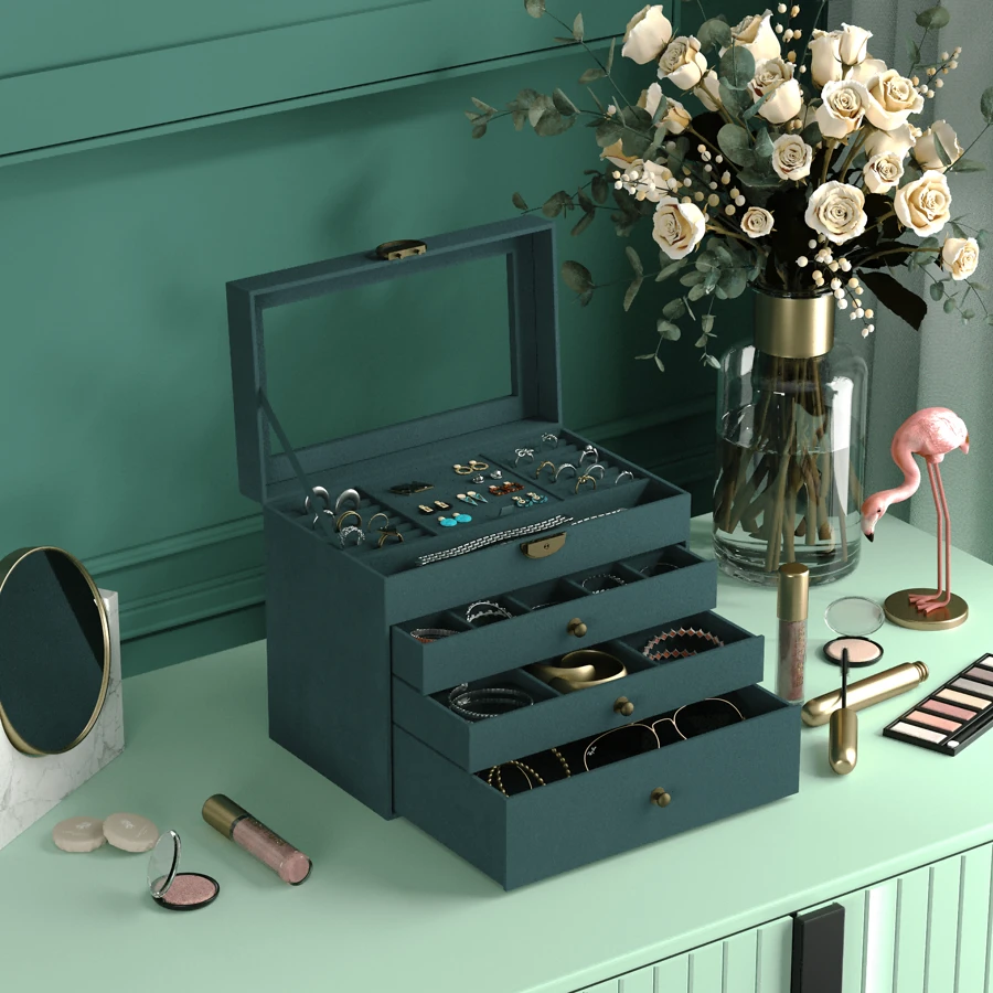 Joyero para mujeres, de 4 capas, organizador y vitrina de joyas vintage, gran capacidad de almacenamiento de collares para aretes, pulseras, anillos, regalo ideal para sus seres queridos - Negro - Ver 1