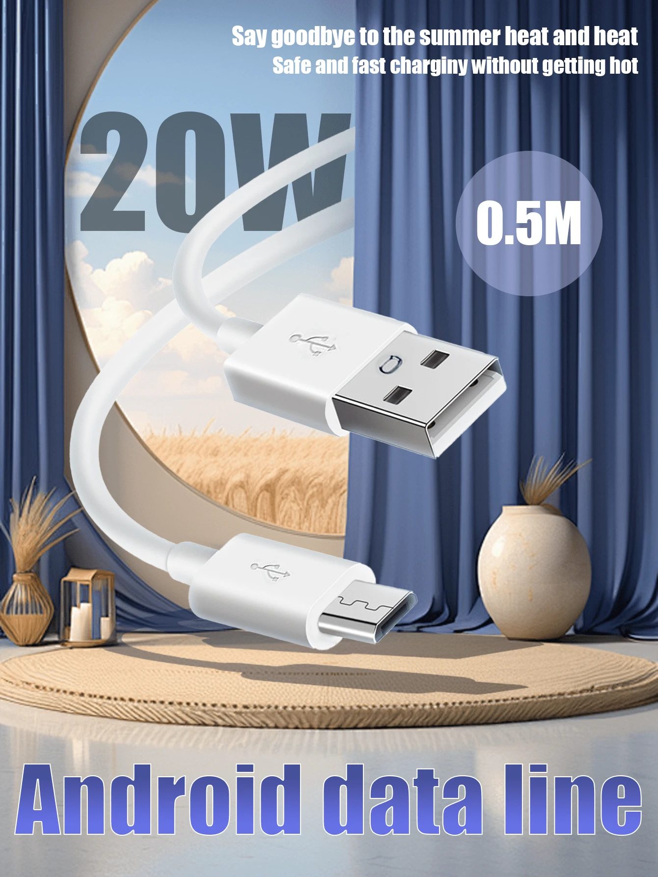 Câble de données USB vers Android, matériau en PVC blanc 0,5 m, câble de données d'alimentation 20 W, compatible avec les appareils à interface Android