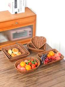 1pc Woven Heart-Shaped Rattan Basket, Reusable Woven Fruit Tray Suitable For Desserts, Snacks, Breads, Kitchen Utensil Storage And Room Decor - Brown - View 3