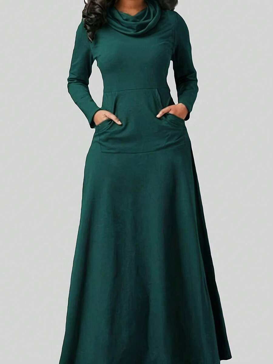 大码休闲纯色拼布口袋高领连衣裙