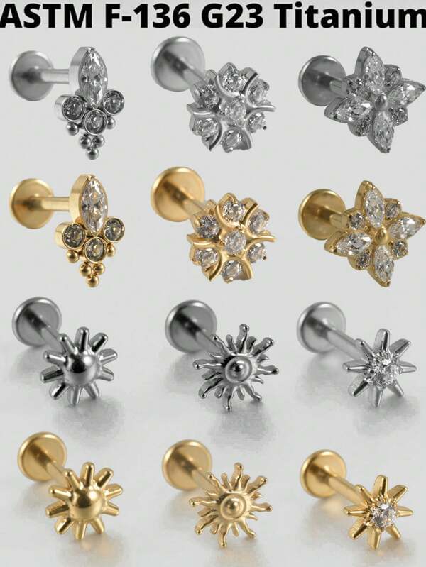 1PC Cubic Zirconia Sun G23 Solid Titanium Cartilage Earrings Stud 16G Internally Threaded Star Helix Cz Cubic Zirconia Flower Ear Tragus Piercing Jewelry Valentines