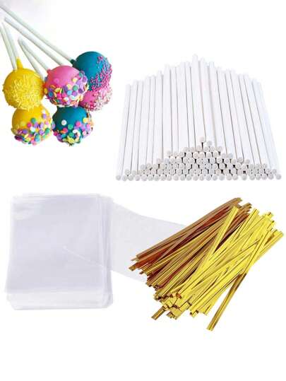 300 Pcs-Cake Stick And Wrapping Set, Includes 100 Pcs 3.15 Inch(About 8 Cm) Paper Lollipop Sticks, 100 Pcs Clear Candy Snack Bag Wraps, 100 Carat Gold Twist Tie For Cake, Lollipop, Hard Candy, Sucker, Chocolate Color Chocolate Color