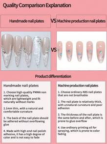 10 件奢华手工按压式指甲 - 中号杏仁形，裸色，带闪亮水钻和珍珠，包括果冻胶和指甲锉 - 杏色 - 查看 5