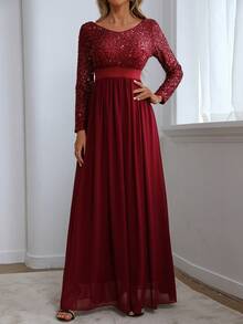 Elegant Women's Long Beaded Evening Party Dress Formal Gown, Long Sleeve Semi Formal Prom Dress, For Birthday, Wedding Guest, Graduation Homecoming