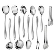 304 Stainlss Steel Matte Kitchen Utensils Set, 11 Pcs Long Metal Cooking Utensil Gadgets Tools Set With Spatula, Ladle, Spoon, Skimmer, Tunner, Pasta Server, Tongs(Black, Dishwasher Safe) - Silver - View 1