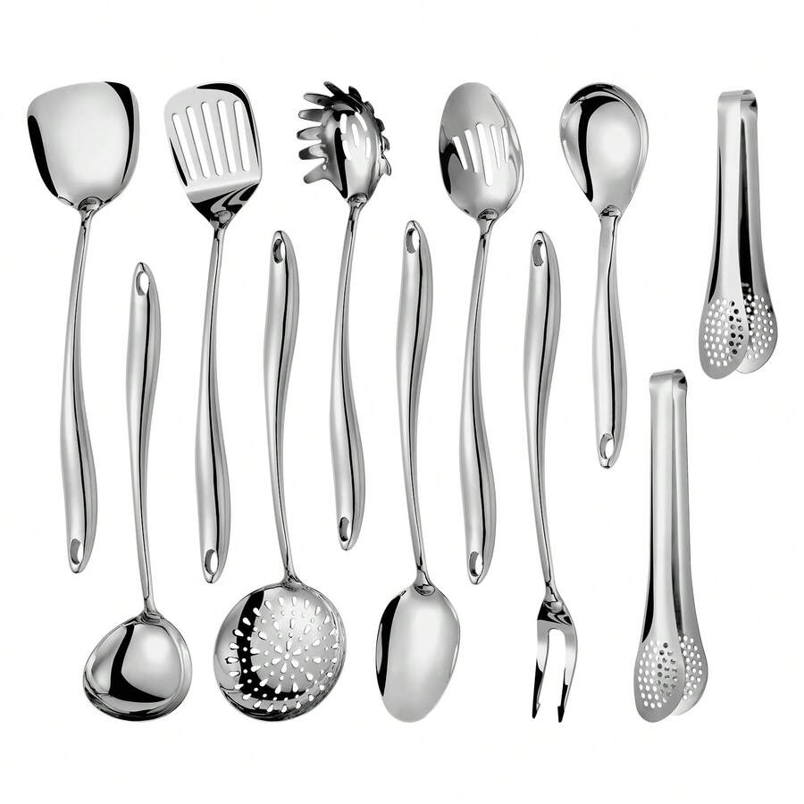 304 Stainlss Steel Matte Kitchen Utensils Set, 11 Pcs Long Metal Cooking Utensil Gadgets Tools Set With Spatula, Ladle, Spoon, Skimmer, Tunner, Pasta Server, Tongs(Black, Dishwasher Safe) - Silver - View 1
